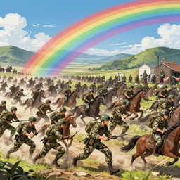a zoomed out panoramic view an army of ranbow soul calvary charging into the abyss. hyperrealistic anime background illustration by kim jung gi, colorful, extremely detailed intricate linework, smooth, super sharp focus, bright colors, high contrast, matte, octopath traveler, unreal engine 5 highly rendered, global illumination, radiant light