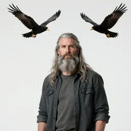 an epic portrait of modern version of Odin, casual clothes, long grey beard, Huginn and Muninn flying above, by Stanley Artgerm Lau, Diego Gisbert Llorens, Mark Brooks, Charlie Bowater, very detailed face, insanely detailed and intricate, vivid and vibrant, highly detailed, cinematic lighting, concept art, artstation