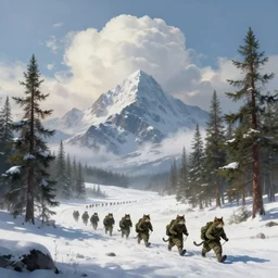 wide shot of cat soldiers traveling in tundra between pine trees underneath big mountains with giant clouds, digital painting by rembrandt, volumetric lighting, concept art, artstation, epic 8 k