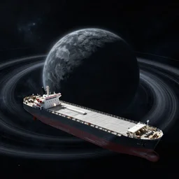 an freighter orbiting an giant black hole in outer space, award winning, trending on artstation, unreal engine