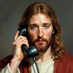 the portrait of jesus christ talking on old phone, an ultrafine hyperdetailed illustration by kim jung gi, irakli nadar, detailed faces, intricate linework, bright colors, octopath traveler, final fantasy, unreal engine 5 highly rendered, global illumination, radiant light