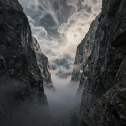 a beautiful digital render of a swiss crevice with tall mountains dissolving into a dream nebula, translucent cumulus clouds, fog, dark, volumetric lighting, very detailed, cirrus, washed out colors, intricate detail, ultrarealistic, master level composition, raytracing effects