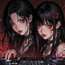 two beautiful lesbian girls in love, djing together at the end of the world, in the style of anime, close - up, highly detailed face, 4 k, artstation, intricate, chaotic, brutal, esoteric, highly detailed, lush, stylized, japanese, smooth