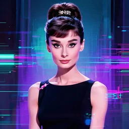 audrey hepburn cyberpunked, synthwave poster, glitch art background,
