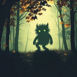 fuzzy shadow creature in a maple tree forest, vhs