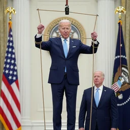 puppet president joe biden with ropes attached to his hands like a puppet