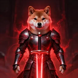 anthropomorphic shiba inu, berserk anime guts armor and sword, red light aura, fantasy, red light, dark, portrait art by donato giancola and greg rutkowski, realistic face, visible holy red aura, digital art, trending on artstation, symmetry