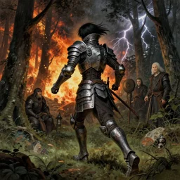 runs away from men on the forest, composition gothic and futuristic, cyber japan style armor, more scars, fire storm, thunderstorm, the middle ages, highly detailed, artstation, moebius, jugendstil and classic japanese print, art rene magritte and george stubbs