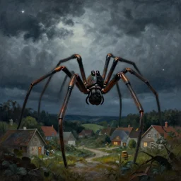 surreal painting of a giant spider in the village at a cloudy night