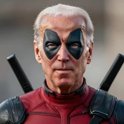 A still of Joe Biden as Deadpool, award winning photo, unreal engine, highly detailed features