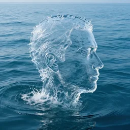 water artwork manipulation in the shape of a human head, on the ocean water, amazing water art, ray tracing, realistic water sharp focus, long shot, 8 k resolution, cinematic