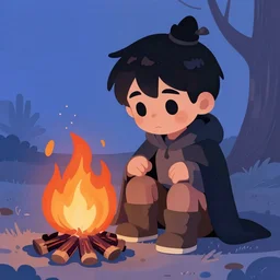 spooky boy lit by campfire, illustration in the style of Jamie Hewlett, bold colors