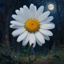 giant daisy flower as face, girl walking in forest, surreal photography, dark night, stars, moon light, impressionist painting, clouds, digital painting, artstation, simon stalenhag