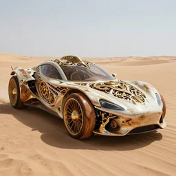 wide - angle hyper realistic concept art of an ancient intricate futuristic car made of metallic bone carved with burned wood and gold details in the desert, ornate, mechanical, gears, tesla car design, volumetric lighting, hyper realistic, extremely detailed, elegant, sharp focus