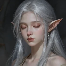 portrait of a young female elf with silver hair and light skin closed eyes fantasy artwork epic detailed and intricate digital painting trending on artstation by wlop octane render
