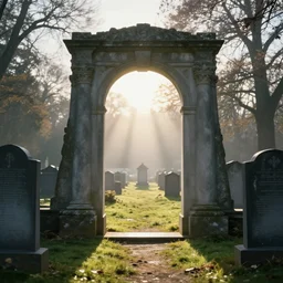 photograph of a portal portal to bright heaven in a graveyard graveyard, cinematic, tyndall effect, sunlight, god rays, hypermaximalist, detailed, landscape 4k, 8k, breathtaking stars, surrealism, distant, concept art, digital art, sharp focus, mystic hues, RTX, octane render, Trending on DeviantArt