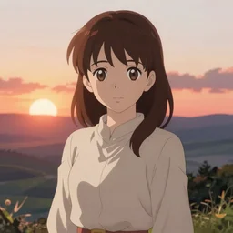 anime art full body portrait character nausicaa concept art, anime key visual of elegant young female, brown hair and large eyes, finely detailed perfect face delicate features directed gaze, sunset in a valley, trending on pixiv fanbox, studio ghibli, extremely high quality artwork by hayao miyazaki by kushart krenz