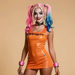 picture of pretty sorceress harley quinn, skintight orange dress, pink accessories, brown skin, pink hair, alluring, high fantasy, dnd, highly detailed, by rossdraws, artgerm, nineties anime quality