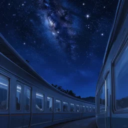 view at the night sky from inside a train, spakling stars, detailed artwork by katsuhiro otomo