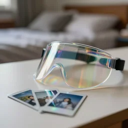 curved transparent holograms, volumetric lighting, bedroom, visor, users, pair of keycards on table, bokeh, creterion collection, shot on 7 0 mm, instax