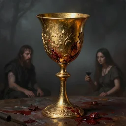 detailed photorealistic matte painting bloody ritual golden goblet hyperborea ominous sky greg rutkowski noah bradley