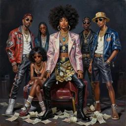 afro - futurist gangstas, lavish lifestyle and money, fashionable, jacking the metaverse | hyperrealistic oil painting | by makoto shinkai, ilya kuvshinov, lois van baarle, rossdraws | afrofuturism, in the style of boondocks, trending on artstation | dark color scheme