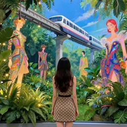a vibrant dream of one beautiful girl wearing a gucci dress from behind looking through a museum of the world's best digital art, lush plants, monorail, glowing lights, high fashion, magic details, by moebius, edward hopper, james gilleard, and james jean, hd, 8 k, trending on artstation, uhd,