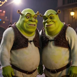 cinematic still of shrek as dr. gonzo and johnny depp as raoul duke in fear and loathing in las vegas film, movie still, long lens, shallow depth of field, bokeh, anamorphic lens flare