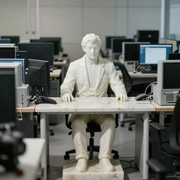 a marble statue of a man sitting behind a desk in an ict office filled with ict equipment, front view camera, depth of field, professional photography, realistic, 4 k, very detailed, natural lighting, defined shadows