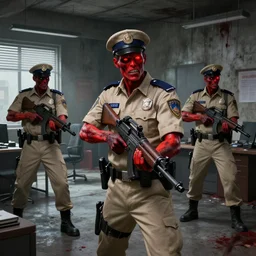 zombie police officers ( beige uniform and caps ) wield ( uzis ) in ( brutalist concrete office ) ( glowing red skin ) trending on artstation high detail digital painting 4 k 8 k hd