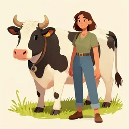 a drawing of a woman standing next to a cow, concept art by senior character artist, artstation contest winner, context art, concept art, 2 d game art, artstation hq