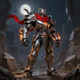 (Biomechanical) armored Knight!!!! wearing a red scarf on fire at the ends standing in a rock quarry, moonlit night, full body single character, League of Legends Character Splash Art!!, rubber suit, Arcane style, action scene, fight scene, good value control, high quality, 4k, ultra realistic, highly detailed, illustration, promotional image, matte painting, rule of thirds, centered, cinematography