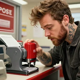 a closeup photorealistic illustration of post malone using a stamp machine at the post office. bright scene. fine detail. this 4 k hd image is trending on artstation, featured on behance, well - rendered, extra crisp, features intricate detail, epic composition and the style of unreal engine.