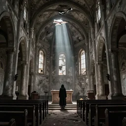a cinematic photograph of an abandoned church interior, early 1 8 0 0 ’ s, light beaming in through a crack on the ceiling, a mysterious person stands on the alter, ultra realistic, 8 k, movie still