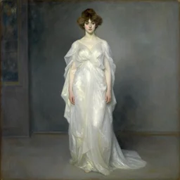 an oil painting of a woman in a flowing white gown standing in a hazy, gloomy, dark room, art nouveau in the style of john singer sargent, greg rutkowski, maxfield parrish and alphonse mucha
