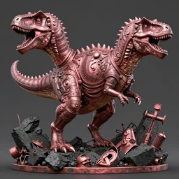 a monstrous fusion of a dinosaur and kaiju, mixed media, indian art, soviet art, 3 - dimensional, 3 d, coal, concrete, rusty, rose - gold, in a symbolic and meaningful style, insanely detailed and intricate, hypermaximalist, elegant, ornate, hyper realistic, super detailed