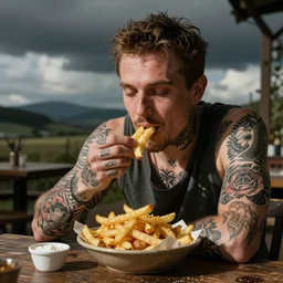 tattooed living potato eating fries