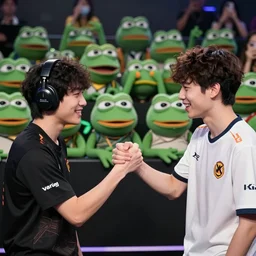 twitch streamer Lirik & xQc shaking hands, bringing joy to the huge audience of pepe frogs behind them, realistic photograph, detailed