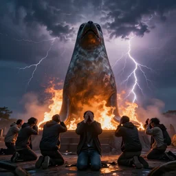 humans praying in fear in front of a dangerous seal statue, storm clouds and lightning arcing through the sky, fire glowing and backlighting the scene, 4K photo