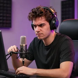 handsome Portuguese-British male twitch streamer looking angrily at his expensive studio mic which isn't working, 4k