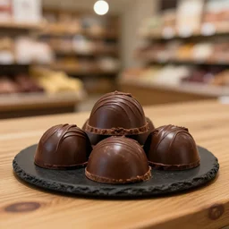 5 5 mm photo of a pile of freshly milk french roast chocolate dark chocolate on a black plat on a wooden table in a candy store. dof. bokeh. magical atmosphere. art by greg rutkowski. highly detailed 8 k. intricate. lifelike. soft light. nikon d 8 5 0.