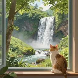 a beautiful landscape including a waterfall and a forest through a window, cat sitting on the edge of the window, illustration, digital art, trending on artstation, no signature