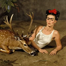 a deer with the face of a woman lying on the ground, by frida kahlo