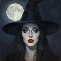 surrealism, abstract, witch, portrait, close - up, make up, full big moon, painting by leyendecker, soft light