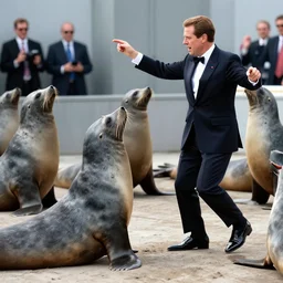 Richard Nixon clubbing with seals and they're all dancing