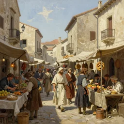 a busy medieval Mediterranean street market , beautiful digital art, cinematic composition, detailed, concept art, Matt painting, oil painting, Sigma 24 mm f/8, 1/10 s shutter speed art by Norman Rockwell
