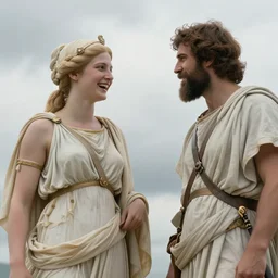 photo of the goddess athena talking with odysseus, laughing and nodding, photorealistic, prizewinning photo, ultradetailed, cloudy day lighting