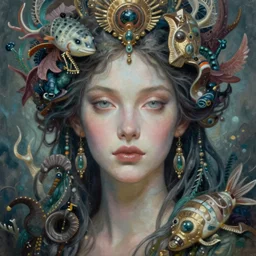 portrait of a beautiful ocean goddess, graceful, esoteric, muted colors, head in focus, fantasy art, ornamental, ocean life aesthetics, intricate, elegant, highly detailed hyperrealistic painting, artstation, concept art, painterly, sharp focus, illustration, epic art by hans jokem bakker