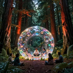 glowing bubble portal in a clearing glade in a redwood forest at night. shimmering portal. the forest redwood trees are lit by a glow. by cyril rolando and naomi okubo and dan mumford and ricardo bofill. beeple. noah bradley. digital render. digital painting. trending on artstation. concept art.