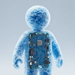 person made out of frozen motherboards, blue ice, circuitry exposed, high detail, award winning, 4 k